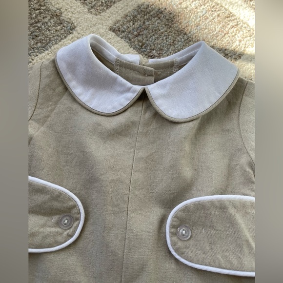 Anvy Kids Peter Pan Collar Taupe Linen Romper Baby Boy Size 3 months - Picture 2 of 6